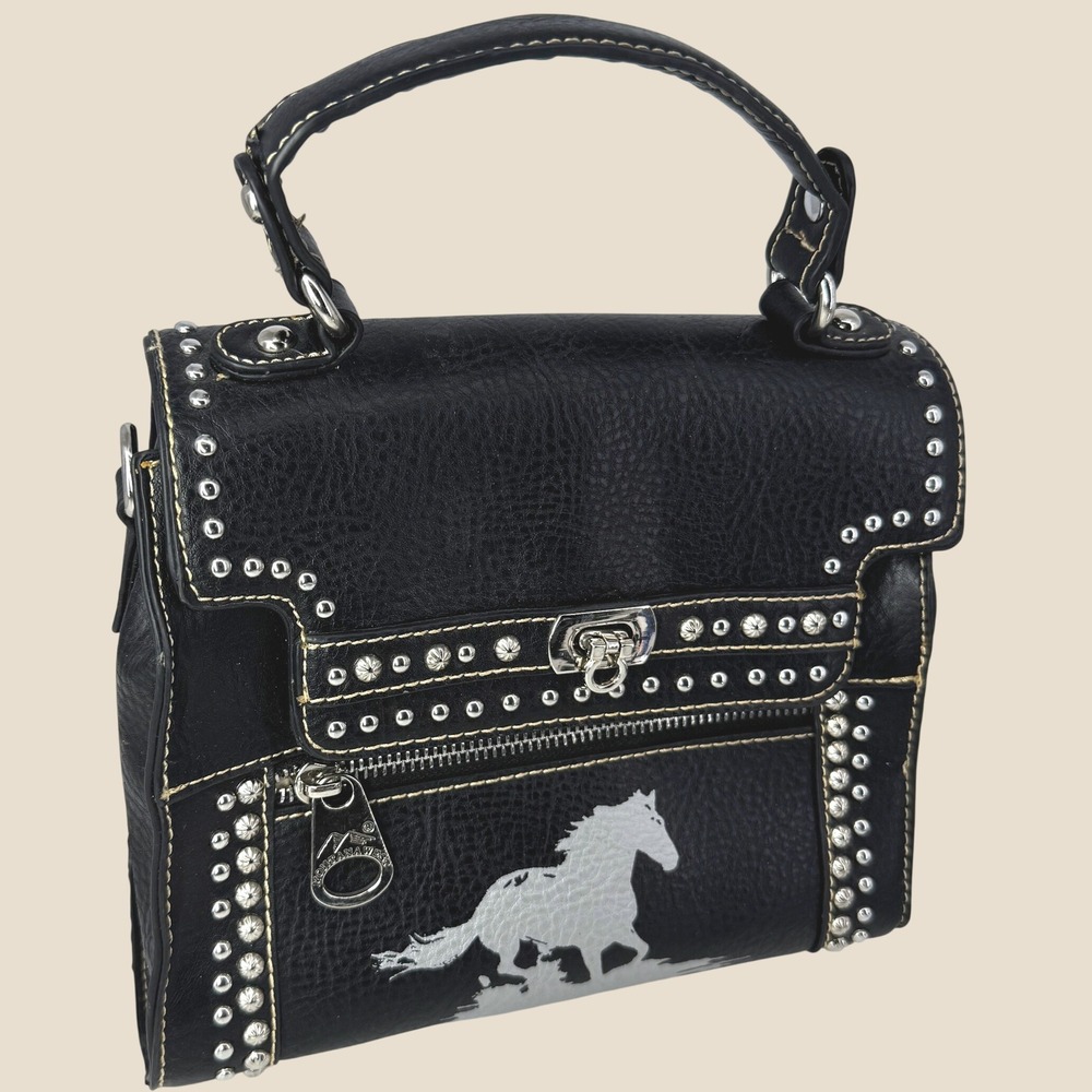 Montana West Handbag Women OS Black Studded Horse Western Cowgirl Rodeo Satchel